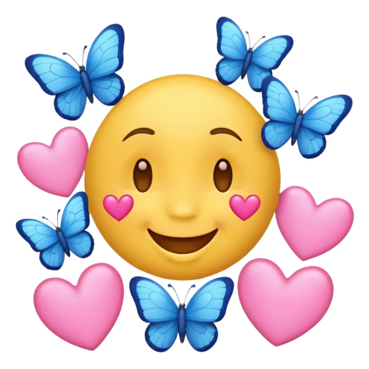 happy face emoji with pink hearts and blue butterflies around it sticker