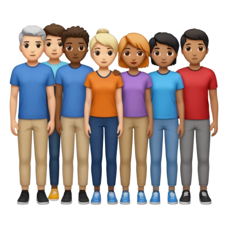 14 personagens de diferentes tons de pele e estilos de cabelo, vestindo roupas casuais em diferentes cores, todos agrupados lado a lado sticker