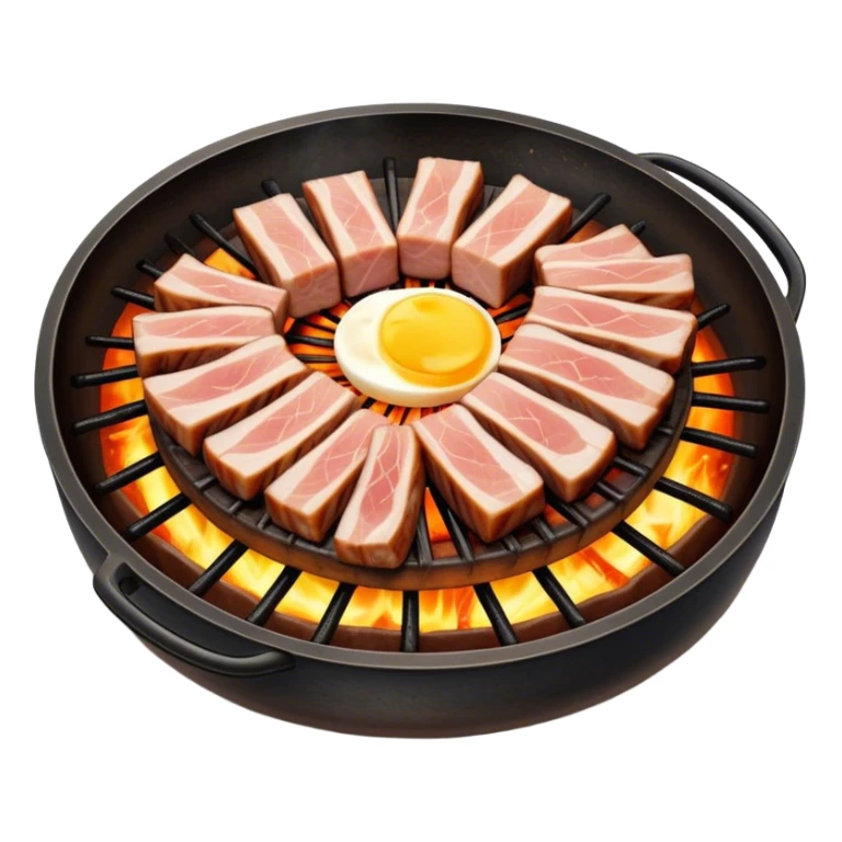 Cinematic Realistic Samgyeopsal Dish Emoji, depicted with sizzling, thick slices of pork belly grilled to perfection rendered with rich textures and warm, inviting lighting. sticker