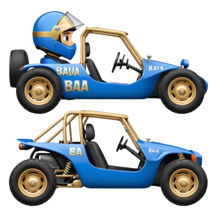 A small blue and gold dune buggy featuring a driver in a motorcycle helmet, with the word "BAJA" displayed on the side panel. sticker