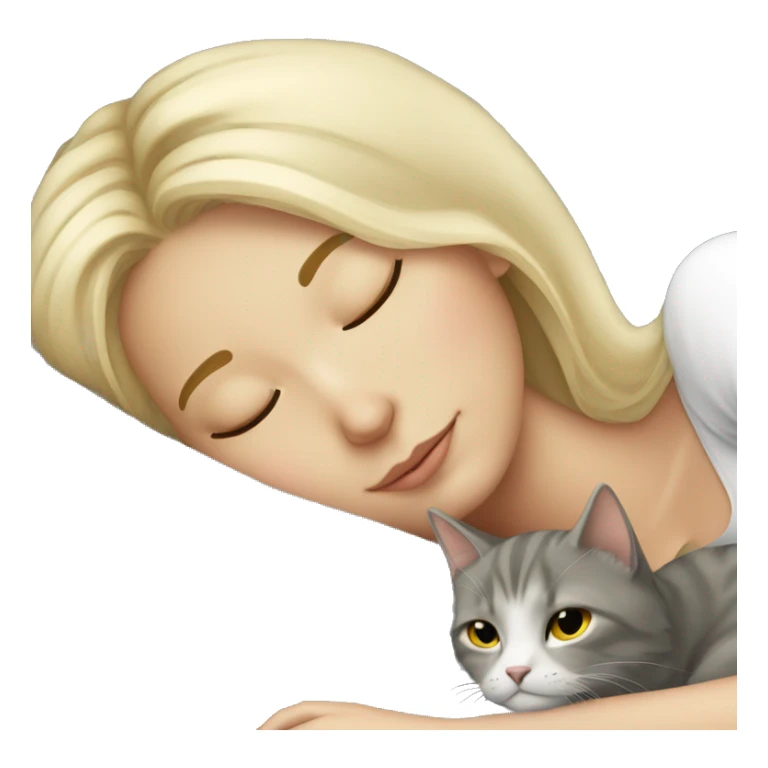 sleeping girl blonde hair laying next to grey cat sticker