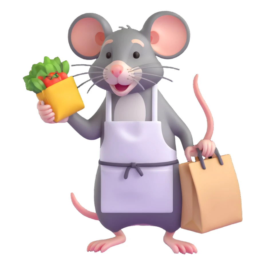 tired rat wearing apron bagging groceries sticker