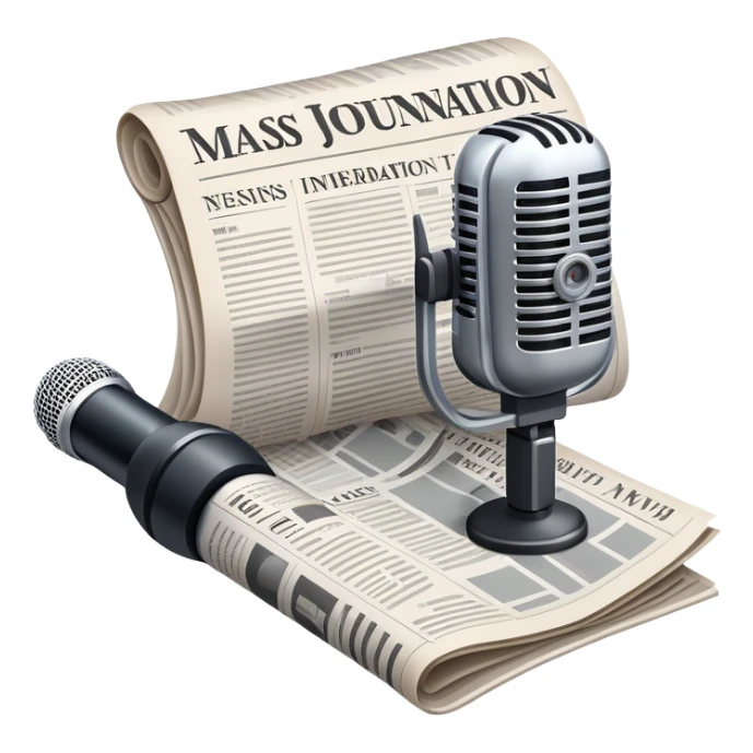 An icon featuring a microphone, a newspaper, and a camera, representing journalism and mass media. The design includes soundwaves and headlines, symbolizing the spread of information and news. Transparent background highlights the power of communication and media. sticker