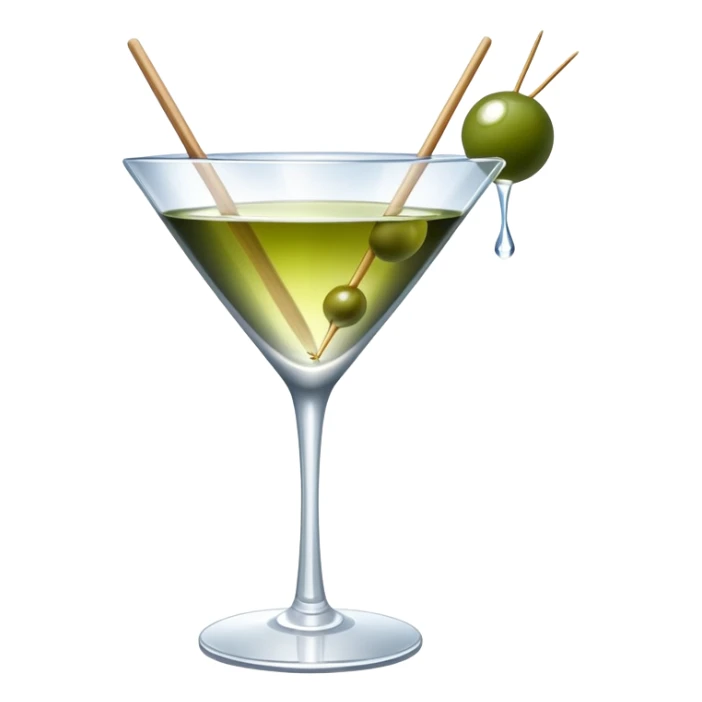 martini glass with crystal clear transparent liquid and an olive at the bottom skewered by a toothpick sticker