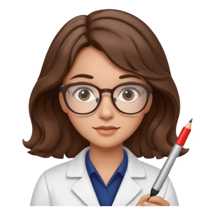 young women pharmacist studying science, wavy hair, with a pen and glasses sticker