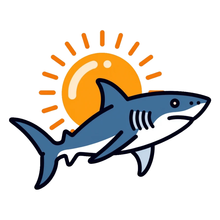 sun shark, a shark with sun rays coming out of it sticker