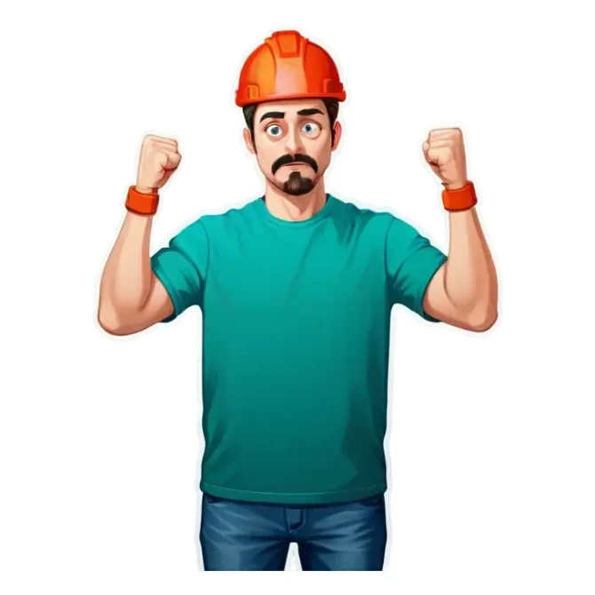 Man holding both arms in the air and holding an electrical cable der Man looks sad sticker