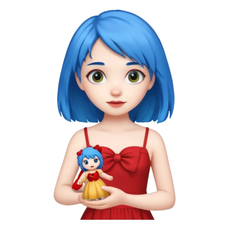 blue haired red wearing girl with small toy sticker