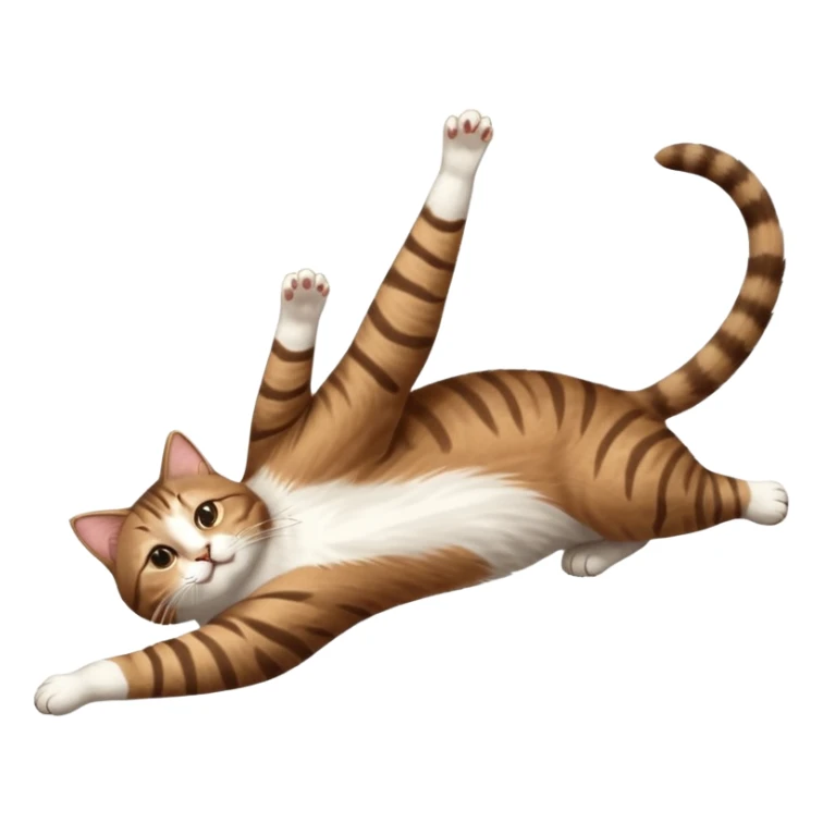 brown tabby and white cat with doing a big extremely long stretch reaching up into the air with arms and legs side by side together straight and overextended whilst lying on its side sticker