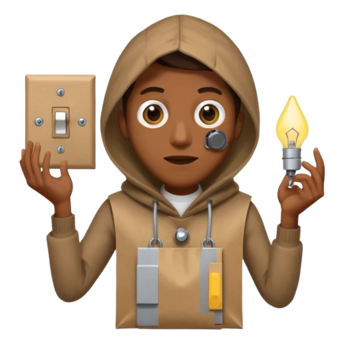 guy with a paper bag with eye holes on his head holding a light switch sticker