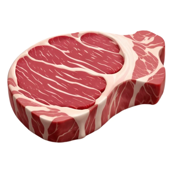 raw pork steak, thick, marbled pink-red meat, creamy white fat, irregular curved shape, moist, clear muscle grain, no plate, no seasoning, no faces, clean 3D, soft shadows, transparent background, emoji scale sticker