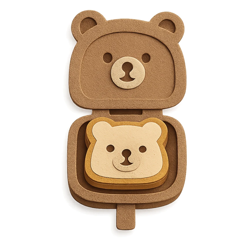 cute bear-shaped sandwich maker, opening to reveal a cute sandwich, creamy brown, full-body sticker