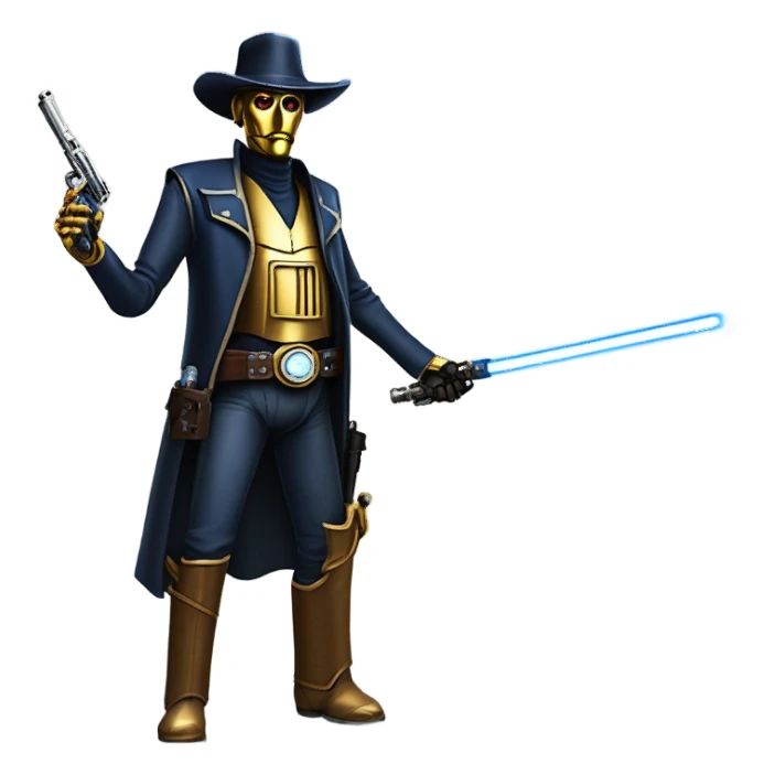 friendly frantic bounty hunter tarnished undercover tough well-equipped Jedi life-sized darkblue-pearl C3po leather vest clothing pants and vest old west duster coat holding light saber sheriff holstered gun hat floating sticker