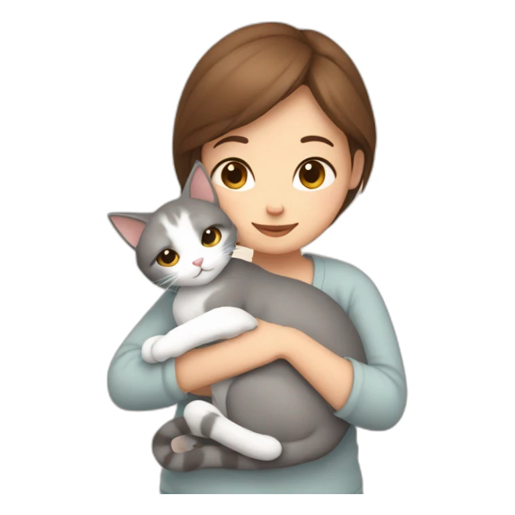 White grey cat cuddling brown hair girl sticker