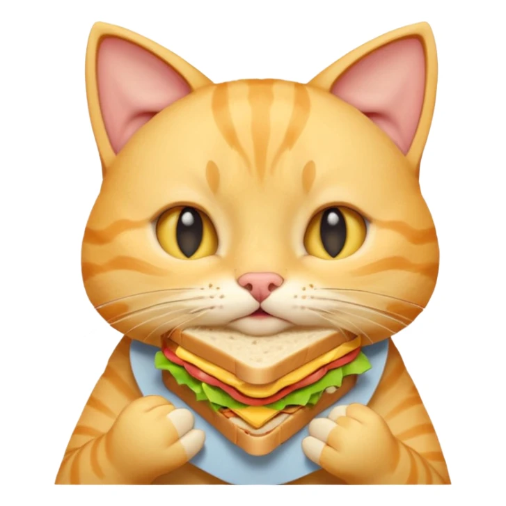 cute yellow cat portrait, head and shoulders only, biting a sandwich, cheeks full, funny expression, 3D cartoon, mobile game icon style, clean background, no text, no watermark
 sticker