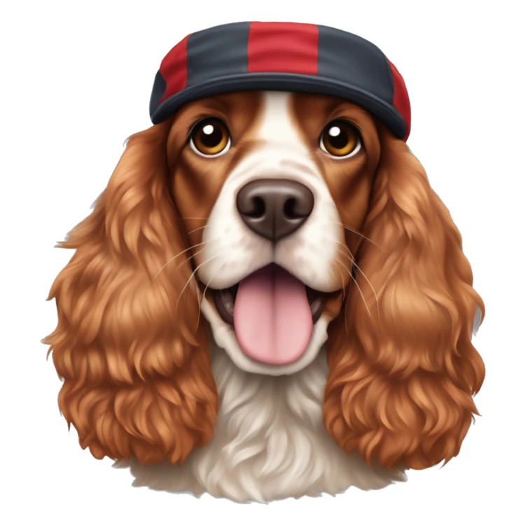 A full-length, adult, red cocker spaniel in a New Year's cap, siting sticker