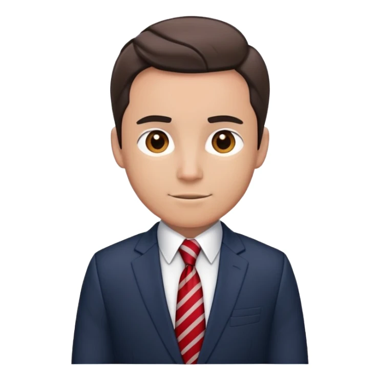 man wearing a dark blue-gray business suit with black horizontal stripes on the arms and legs, white shirt and red tie sticker