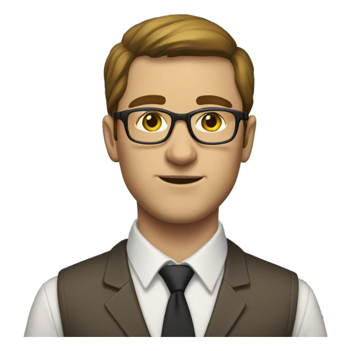 white man wearing glasses, brown hair, yellow tie, white button up sticker