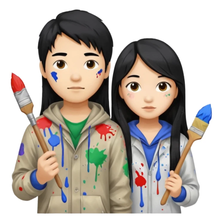 Asian boy with long hair  and girl painters sticker
