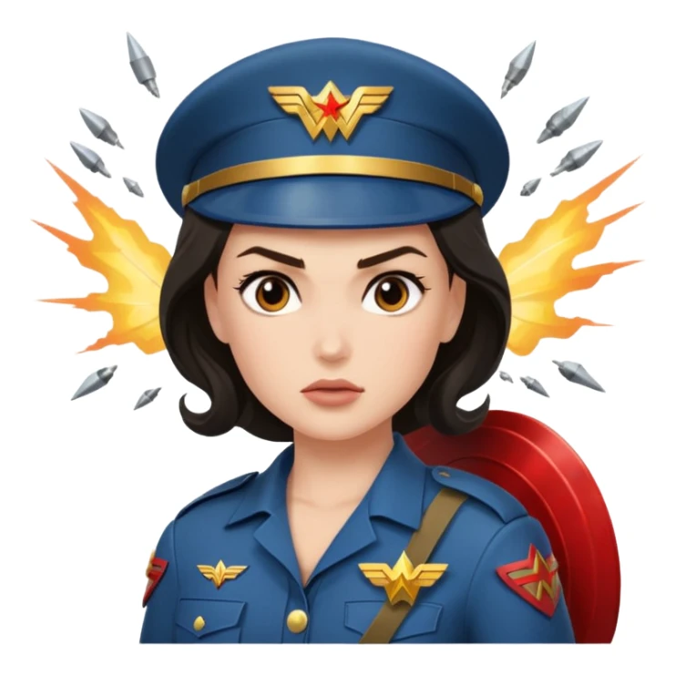 Female full confidence battle ready soldier heroically saving lives accompanied by Wonder Woman , with shelling happening all around sticker
