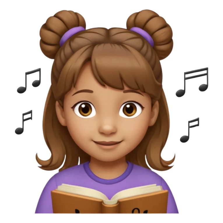 Niña de 4 años con ojos marrones claros, pelo castaño claro con dos moños altos y pelitos sueltos a modo de flequillo, nariz chata y risueña. Con nota musical sticker