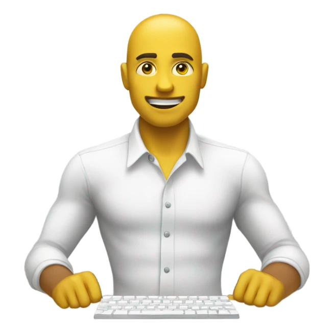 yellow skin man using white keyboard on desk wearing white button down shirt front view sticker