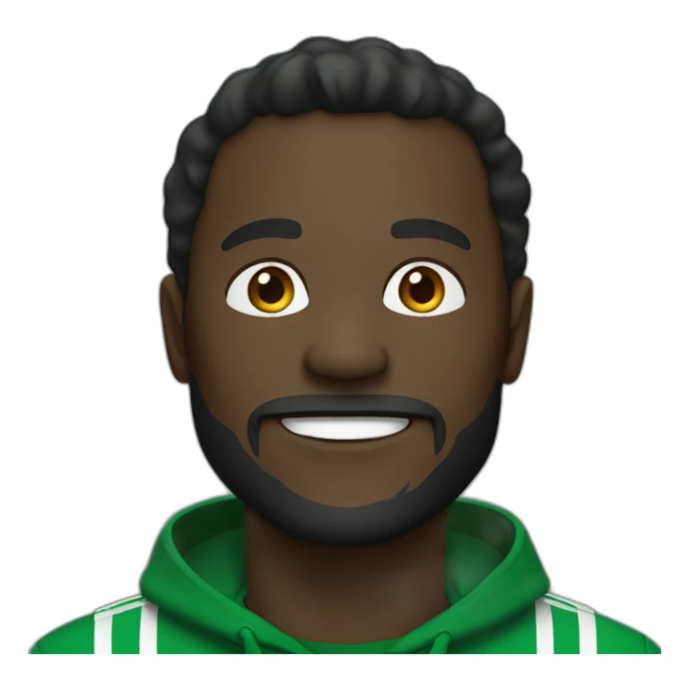 man, dark skin, light beard, dark green tracksuit, smiling sticker