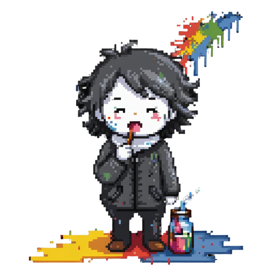 sick artist sneezing or with a thermometer with paint splatters nearby sticker