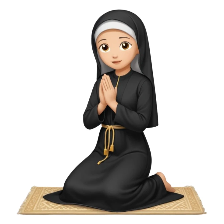 Light skin Muslim woman in plain black abaya side profile praying on prayer mat  holding up hands to god sticker