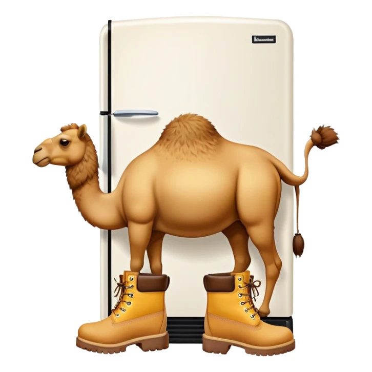 A camel face with long eyelashes on top of a boxy white refrigerator body, with four yellow-brown Timberland boots at the bottom sticker