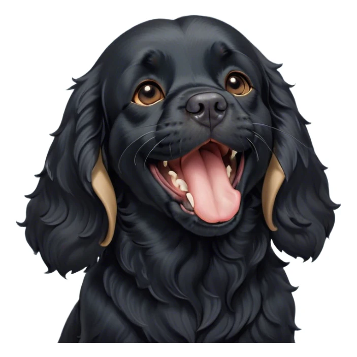 Cinematic Cute Yawning Black Cocker Spaniel Portrait Emoji, Head tilted slightly with a dramatic, wide-open yawn, showcasing a sleek black coat with subtle tan highlights, floppy ears slightly drooping, round dark eyes barely open in drowsy contentment, Simplified yet irresistibly adorable features, highly detailed, glowing with a soft, cozy glow, high shine, relaxed yet expressive, stylized with a touch of whimsy, bright and endearing, soft glowing outline, capturing the essence of a sleepy yet affectionate companion, so drowsy it feels like it could stretch out of the screen and curl up for a nap! sticker