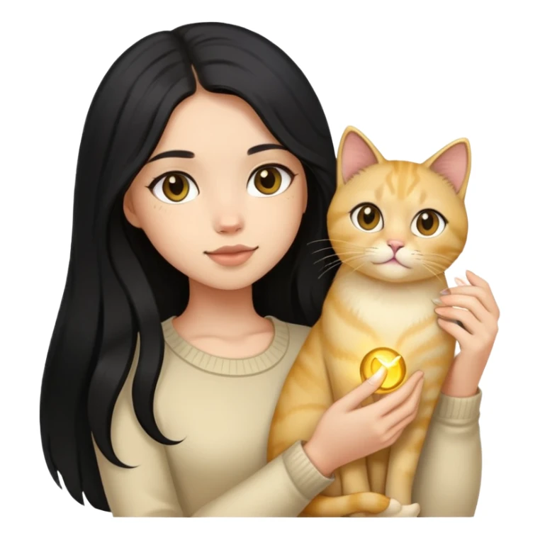 Girl black long hair with light gold cat sticker