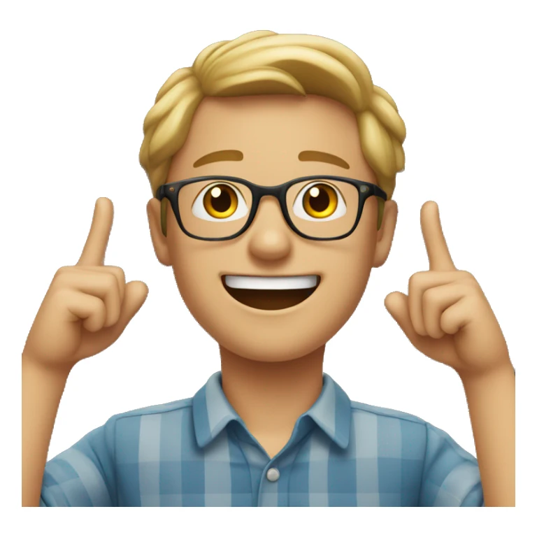 smiling young man who wearing glasses 
 putting hands up  sticker