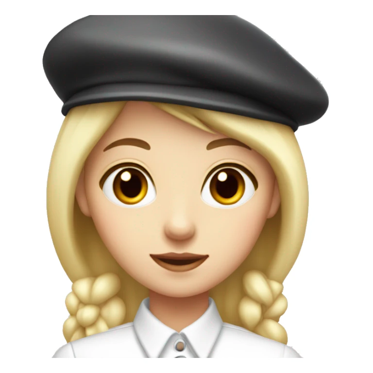 blonde girl, red eyes, white buttoned shirt, beret sticker