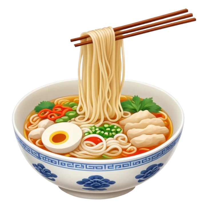 Yunnan over-the-bridge rice noodles with separate ingredients, simplified emoji style with bold outlines and bright colors, cartoon style Chinese noodle dish sticker