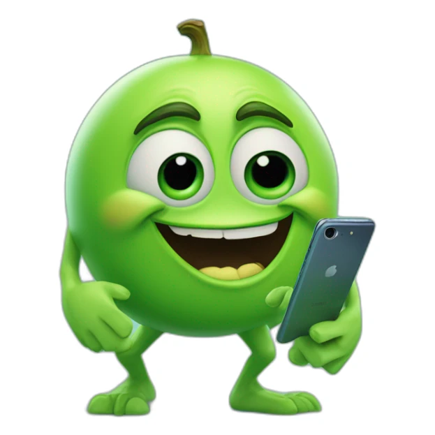 3D stickers for telegram, Mike wazowski with legs, looking into his phone and laughing, 8k, super realism, super detail, light green background sticker
