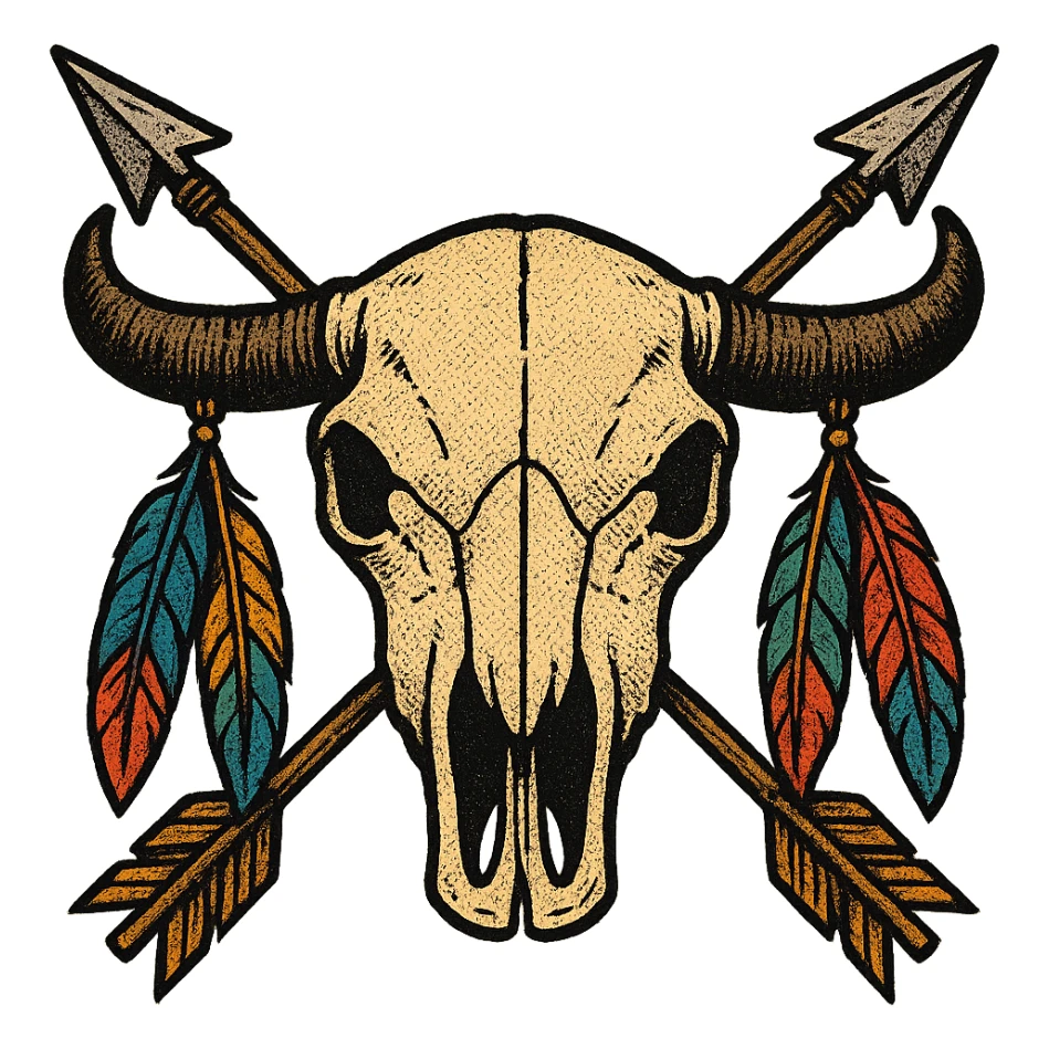 A native American buffalo skull with colourful feathers hanging from both horns and two crossed arrows in the background. Make the skull symmetrical facing the front sticker