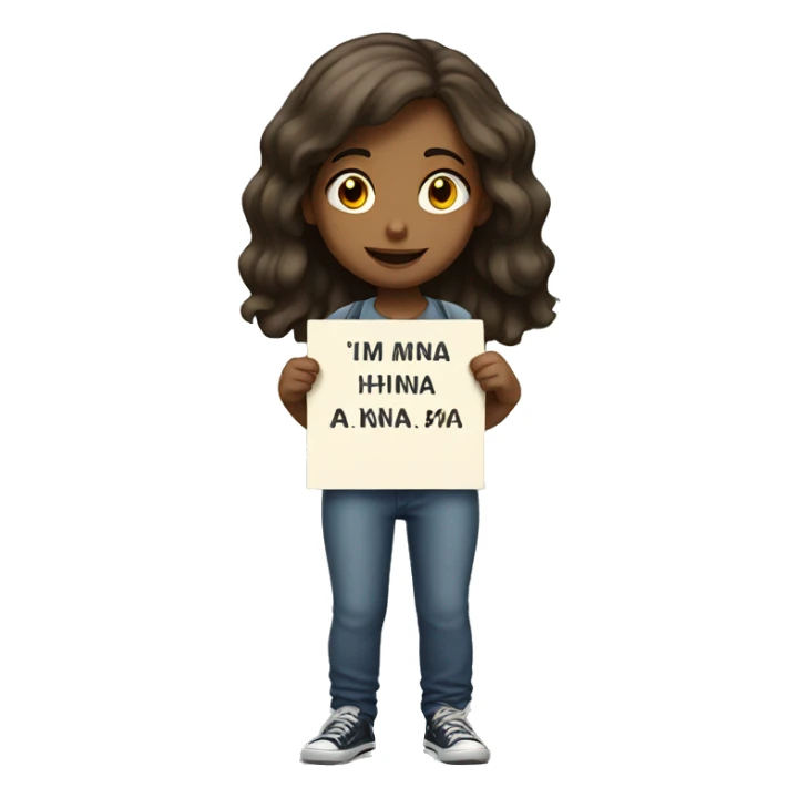 a girl standing with placard saying "IM HINA" sticker