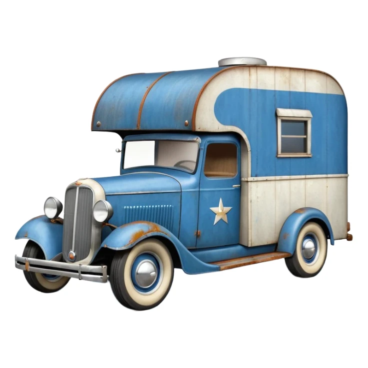 A 1934 ratty old antique rat Chevrolet hot rod caravan pulling a large matching trailer, blue and pearl  sticker