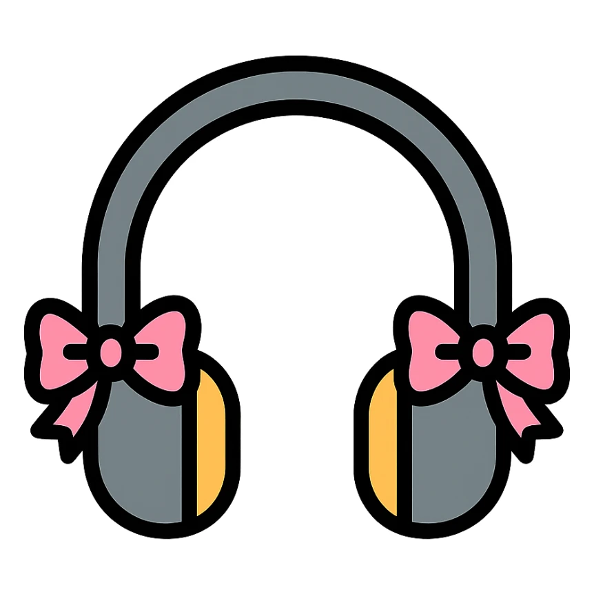 gray headphones with light pink bows, color outline icon style sticker