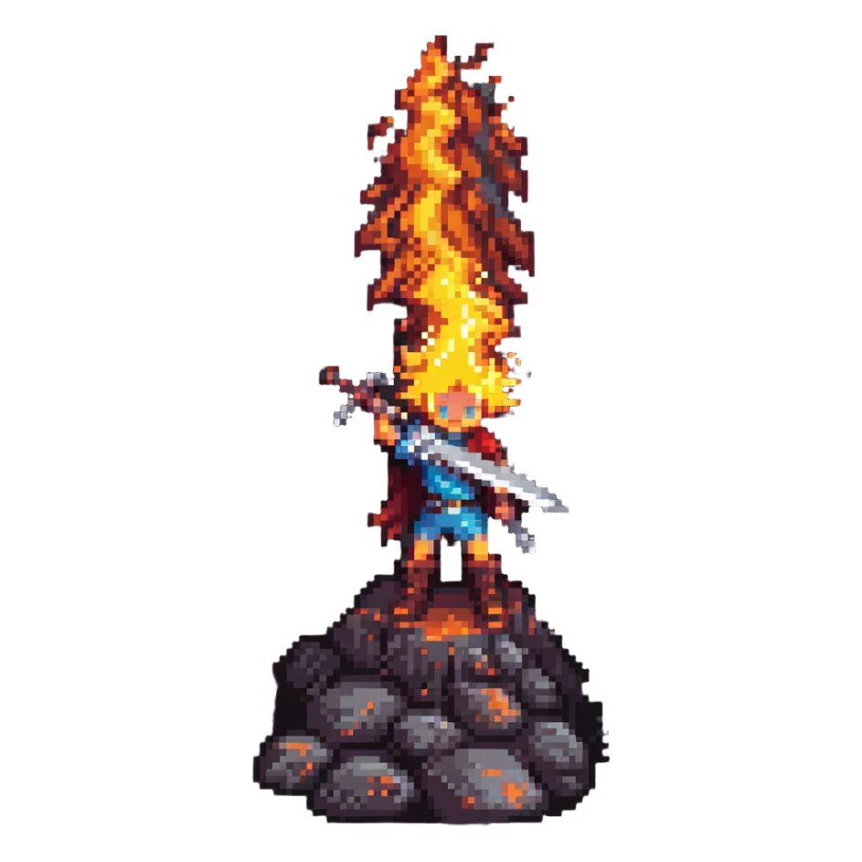 a boy with a flaming sword on a volcano, pixel art style, dramatic lighting sticker