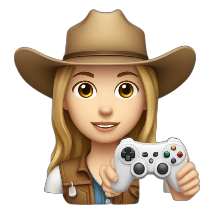 white girl with light brown hair with a cowboy hat holding a game controller sticker