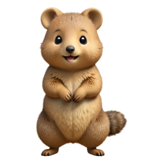cinematic-quokka-realistic-full-body-standing-emoji,-small-round-frame-balanced-on-tiny-strong-hind-legs,-fluffy-brown-fur-radiating-a-warm-softness,-big-round-eyes-filled-with-joy-and-innocence,-tiny-clawed-paws-held-close-to-chest,-cheerful-smile-exuding-endearing-happiness,-simplified-yet-realistic-focused-features,-highly-detailed,-glowing-with-a-sunny-warmth sticker