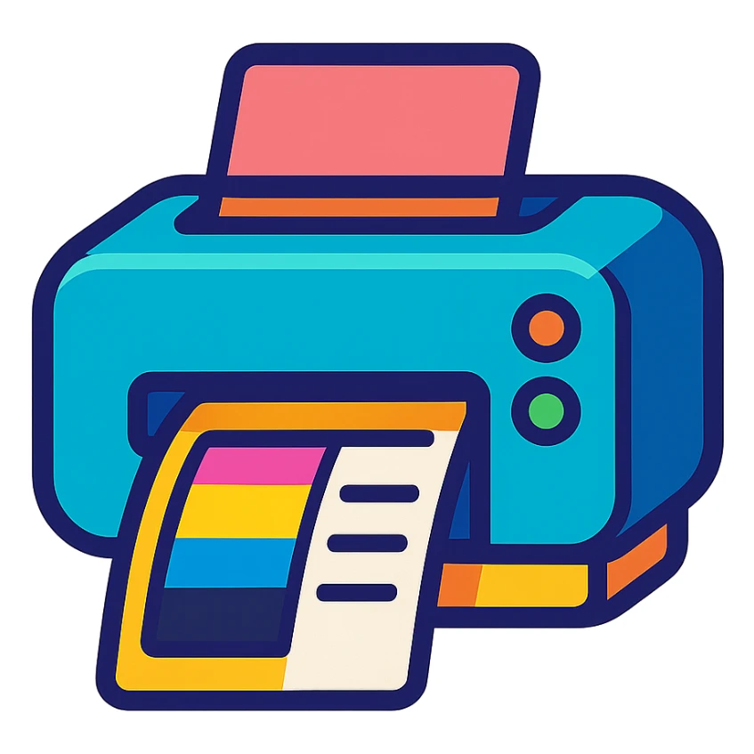 icon of a printer with A4 paper, showing both color and black printouts, vibrant colorful style sticker