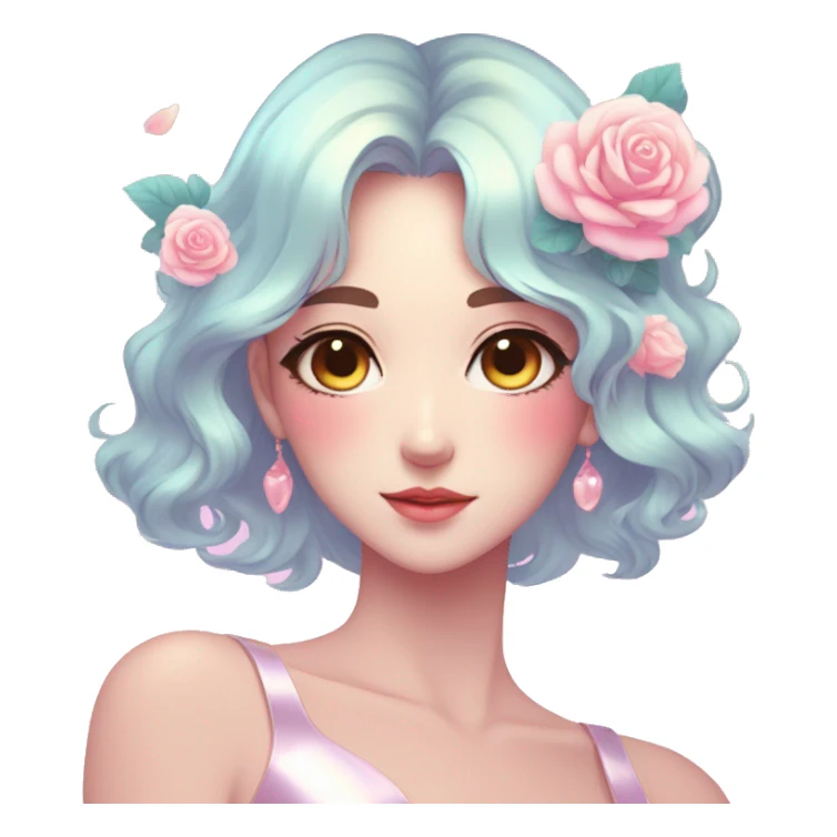 Gorgeous pastel shiny pearly colorful anime style lady with blushing face and roses leaves shiny aesthetic trending style sticker