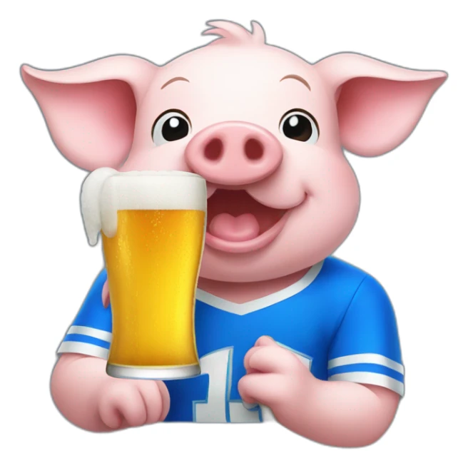 Happy pig drinking beer with a blue soccer shirt sticker