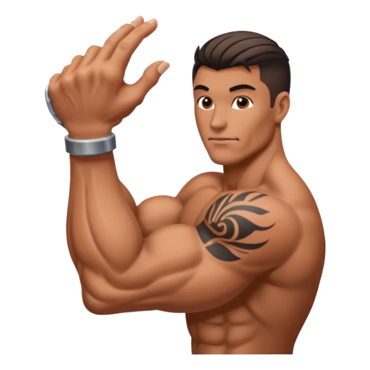 A hand makes a muscle that has a tattoo on it sticker