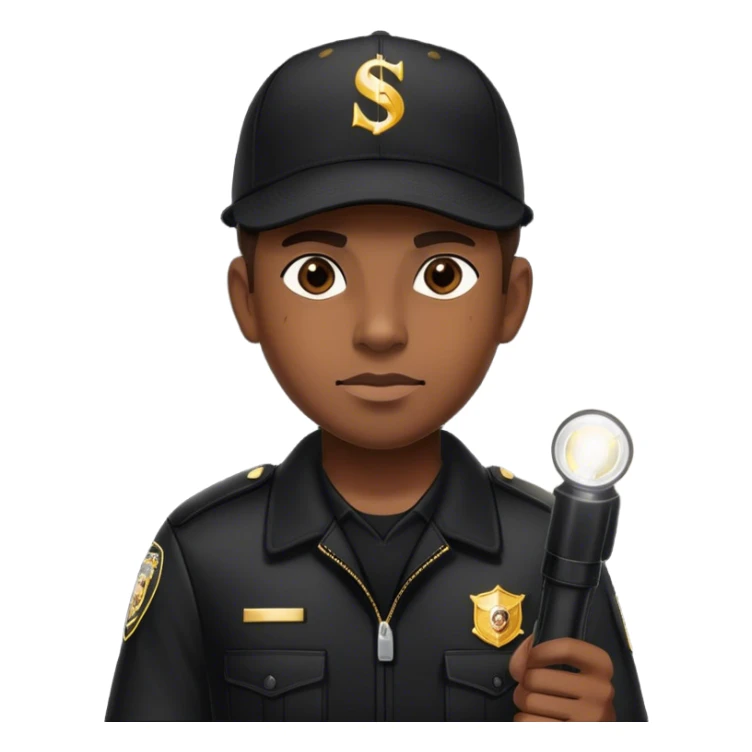 A vigilant male security guard wearing a black uniform, a baseball cap with ‘SECURITY’ embroidered on it, and a black jacket. He holds a flashlight  shining its beam forward, np police uniforms, no badge sticker