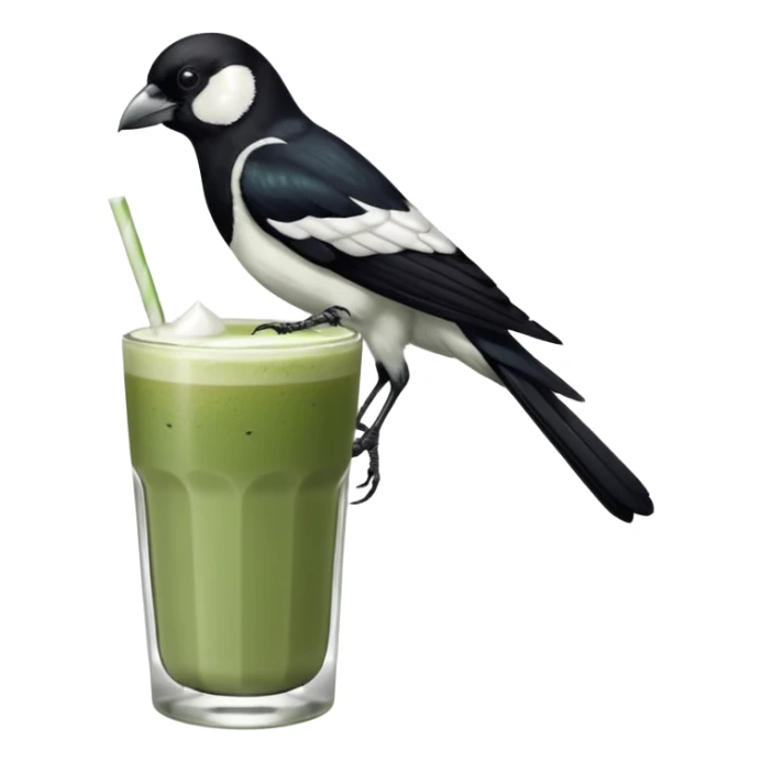  ONE Australien Magpie (just black and white feathers) sitting on an iced matcha latte on the edge of the glass. magpie has green matcha on its beak. matxha latte is in a see through glass and white from the oat milk on the bottom and green without seeds on top… one straw & ice cubes sticker