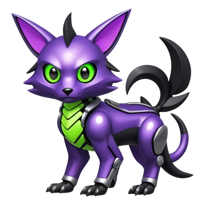 Futuristic modern mechanical badass cool shiny metallic alloy black-obsidian purple neon-green white lime animal hybrid Fakemon full body sticker
